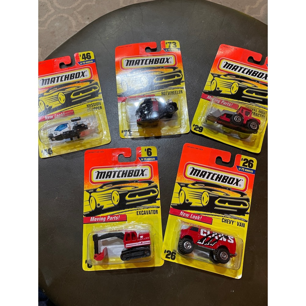 Vintage 1997 Matchbox Diecast Lot of 5 Chevy Van Excavator Rotwheeler NIP